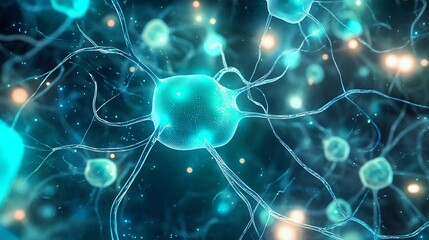 Poster - A 3D rendering of a neuron with glowing blue axons and dendrites.