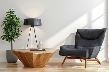 Elegant living room interior with wooden triangular coffee table, lamp and black armchair