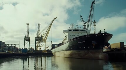 Large cargo ship docked at a port with cranes and containers, symbolizing a port strike, highlighting the scale of the port and the absence of activity