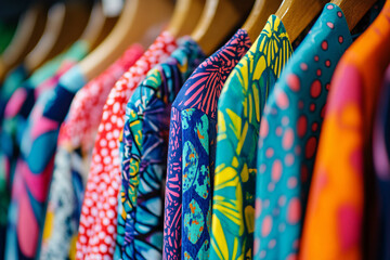 Close up of colorful clothing wit bold patterns hanging on clothing rail