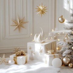 Wall Mural - background with christmass decoration. white and gold style