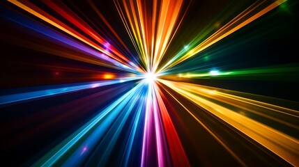 Poster - Abstract background with colorful light streaks radiating outwards from a central point, creating a sense of speed and movement.