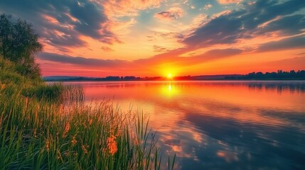 Canvas Print - Serene Sunset Over Calm Lake with Vibrant Colors