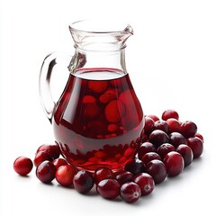 Jug of cranberry juice with fresh fruits, showcasing natural appeal, isolated on white background.