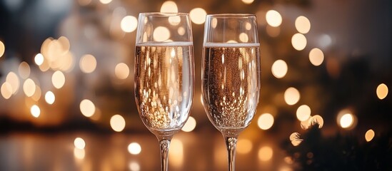 Wall Mural - Two champagne flutes filled with sparkling wine against a warm bokeh background of lights.