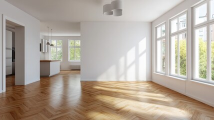 A bright, empty room featuring large windows and polished wooden flooring, perfect for creative interior design ideas.