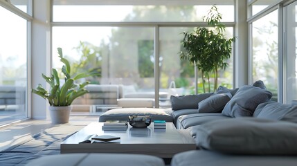 Wall Mural - Classic living room interior with grey sofas, coffee table and big window