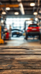 Poster - Rustic wooden tabletop in foreground with blurred auto repair shop interior in background, showcasing a car lift and vehicle silhouette in soft focus.