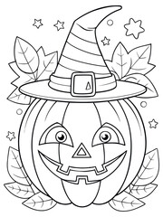 Halloween coloring page Jack-O-Lantern with a witch's hat, autumn leaves, stars