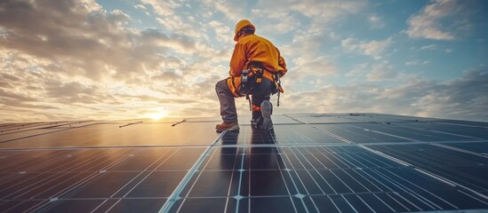 Wall Mural - A worker in safety gear kneeling on a solar panel array, looking towards the sun setting over a cloudy sky.