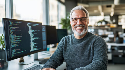 a smiling man with gray hair and glasses sits at desk in modern office, surrounded by computer scree