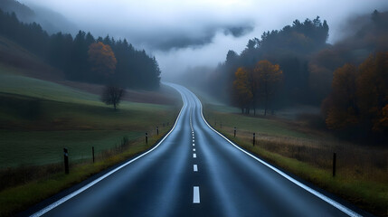 Wall Mural - Road Winding Through Foggy Forest Landscape