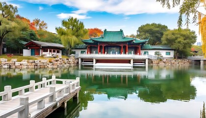 Autumn garden scenery with traditional Chinese beauty