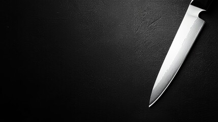 Close-up of a sharp knife blade on a dark background, focus on precision and craftsmanship, minimalist and sleek design