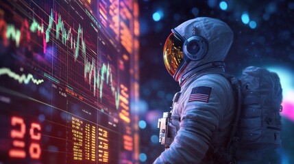 Astronaut analyzes stock data in futuristic scene