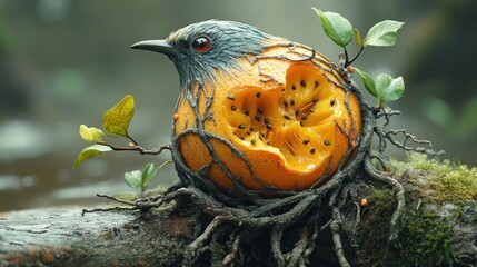 Sticker - A whimsical bird with an orange body and roots in a forest setting.