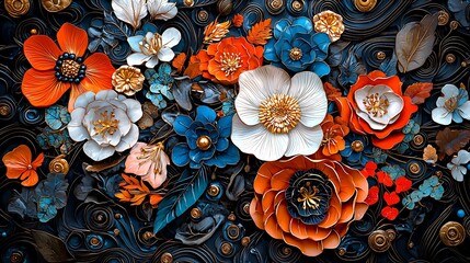 Abstract Floral Art 3D Paper Flowers Blue Orange White Gold Dark Background