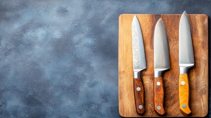 Four knives placed on a wooden board, wooden handles and sharp blades, rustic culinary scene with high-quality kitchen tools