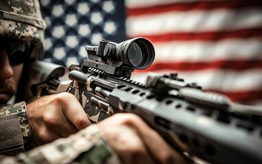 macro shot of a soldier's hand gripping a rifle with an American flag in the background, strong and symbolic imagery, free from branding or logos