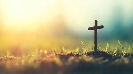 Cross in Grass with Sunset Glow