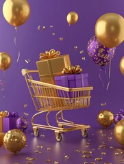 Golden cart with gift boxes and balloons, luxury mood