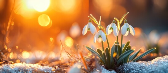 Sticker - Delicate white snowdrops bloom in the soft glow of the setting sun, surrounded by melting snow.