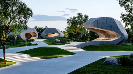 modern concrete architecture landscape design park pathway curved structures green gras