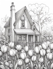 Wall Mural -  A pencil drawing of an old Victorian house surrounded by tulips, on a white background, in a coloring book style with clean lines,