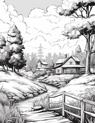 Wall Mural -  A black and white coloring book illustration of an idyllic countryside scene with two wooden houses, surrounded by trees and grassy fields