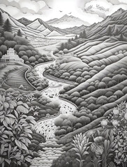 Wall Mural -  A detailed black and white drawing of the winding road leading to Maha, surrounded by rolling hills with lush greenery and wildflowers