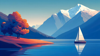 Poster - Sailboat on a Calm Lake with Snowy Mountain Background