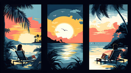 Wall Mural - Tranquil Beach Sunset with Palm Trees & Ocean View