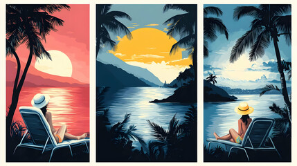 Canvas Print - Relaxing on a Tropical Beach with Palm Trees and Sunset