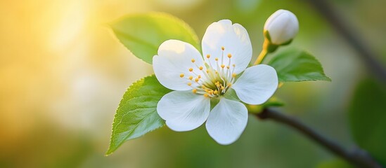 Canvas Print - Close-up of a white flower blooming on a branch with green leaves against a blurred green and yellow background.