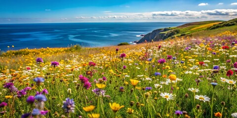 A vibrant meadow of wildflowers blooms in front of a tranquil ocean horizon, showcasing nature's diverse beauty.