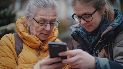 Poster - Older Woman and Younger Woman Using a Smartphone Outdoors