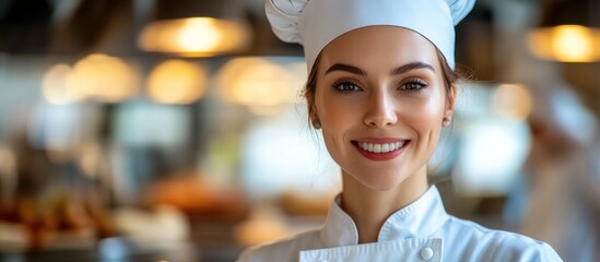 Portrait of a smiling female chef in a white chef's hat in a professional kitchen.