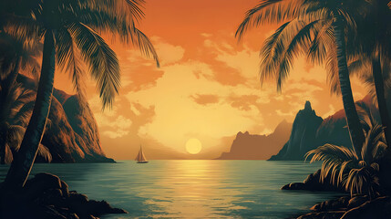 Wall Mural - Tranquil Sunset Over Tropical Ocean with Palm Trees