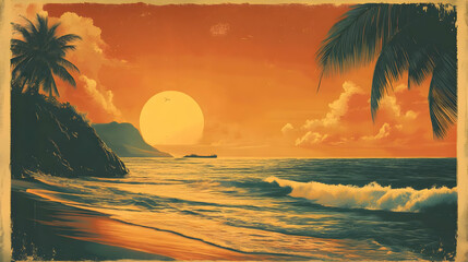 Sticker - Sunset Beach Scene with Palm Trees, Ocean, and a Boat