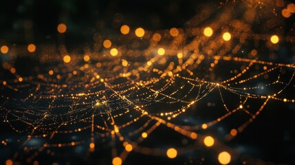 Wall Mural - Golden bokeh lights on a spider web.