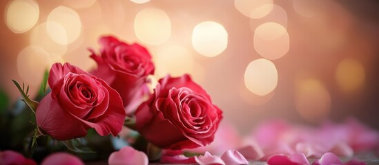 Canvas Print - Three red roses with petals on a soft background with bokeh effect.