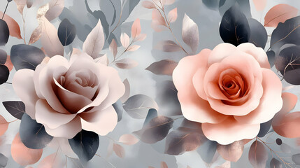 Wall Mural - Elegant Rose Floral Pattern with Watercolor Leaves