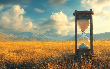 Poster - Background showing an hourglass and peaceful field, capturing the essence of slow life with extensive copy space