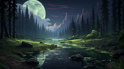 Poster - A moonlit stream winds through a dense forest, its reflection shimmering on the water's surface, while towering mountains stand in the distance, casting long shadows on the verdant landscape.