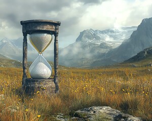 Poster - Calm field scene with an hourglass representing slow life, featuring a wide copy space for personalized information