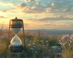 Poster - Calm field scene with an hourglass representing slow life, featuring a wide copy space for personalized information