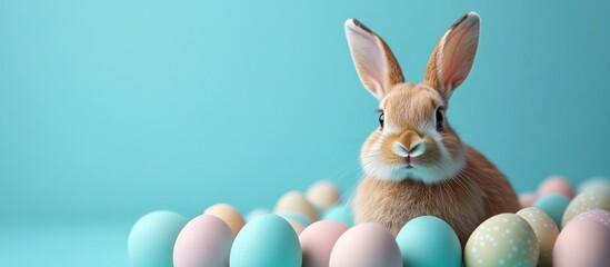 A cute bunny rabbit sits amongst colorful Easter eggs against a turquoise background.