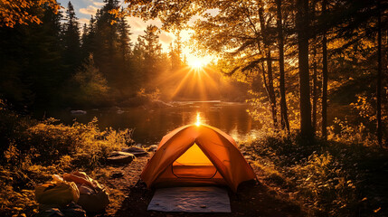 Poster - Camping by the River at Sunset in the Woods