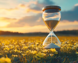 Poster - Hourglass set against a calm field backdrop, representing slow life and providing a spacious area for copy or messages