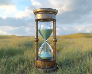 Poster - Hourglass set against a calm field backdrop, representing slow life and providing a spacious area for copy or messages